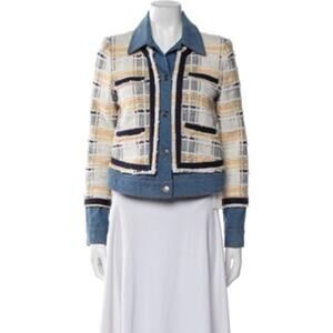 Veronica Beard Cropped Jacket Blue Tweed Plaid Denim Trim Button Front Size 4